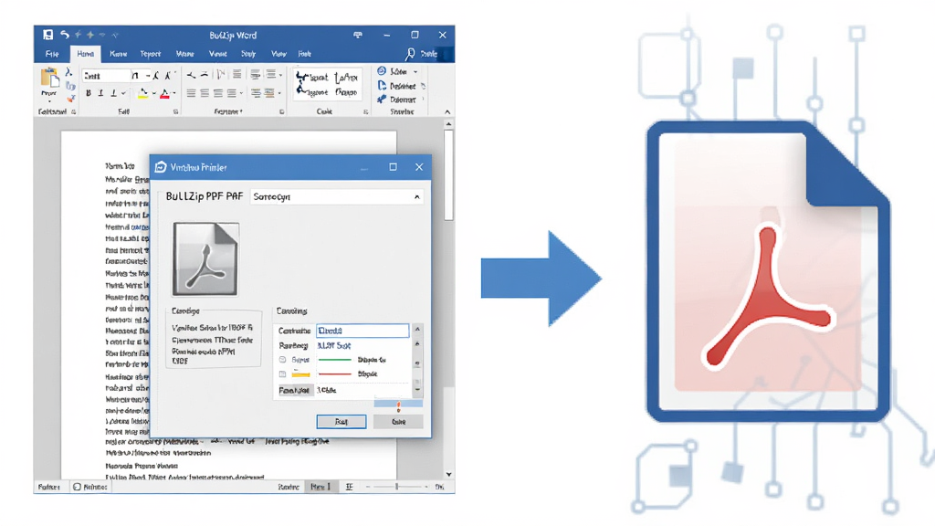 BullZip PDF Printer 虚拟打印引擎概念图,画面左侧是Word文档窗口和打印对话框,右侧是生成的PDF文件图标,中间用蓝色箭头连接,整体风格扁平化科技感,色调以蓝白灰为主,布局从左到右依次排开,细节清晰,画质干净,无多余元素