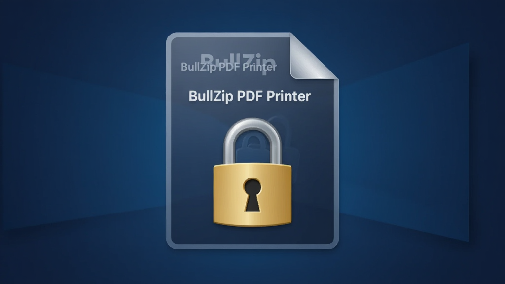 BullZip PDF Printer 安全加密功能示意图,画面展示一个带锁的PDF文档图标,锁的样式为金色挂锁,背景是深蓝色渐变,文档表面有