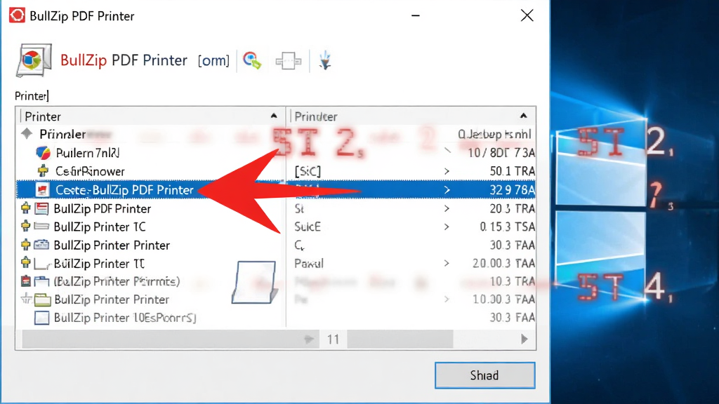BullZip PDF Printer 打印对话框操作步骤截图,画面展示Windows打印界面,打印机列表中
