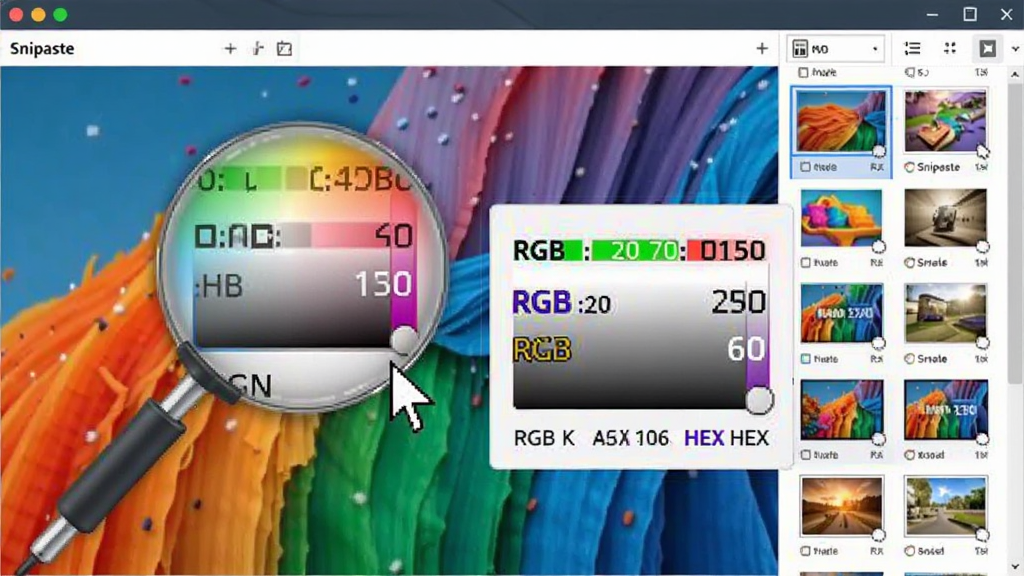 Snipaste ȡɫ���ܽ��棬���������ָ����ͣ�ڲ�ɫͼƬ�ϣ��Աߵ���ɫֵ��Ϣ����ʾ RGB �� HEX ��ֵ������Ϊ������ͼ��ʷ��壬���Ϊ�Ƽ��� UI չʾ��ϸ�ڰ�����ɫ�Ŵ�Ч������ʷ����ͼ�б��������������ɾ����޶���Ԫ��