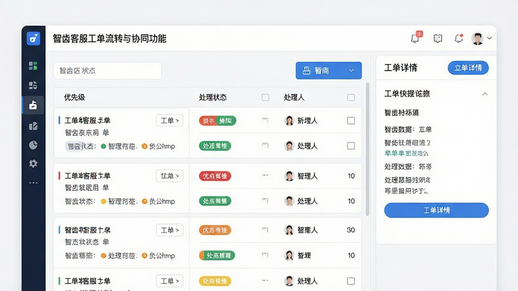 一张展示智齿客服工单流转与协同功能的界面图,画面主体为智齿客服工单管理页面,显示工单列表、优先级标签、处理状态和处理人信息,画面右侧展示工单详情面板,布局为左右分栏结构,排版干净,风格为简洁商务风,细节包括状态标签色彩区分明显、数据表格清晰、按钮图标精致,画质高清,画面干净,无多余元素
