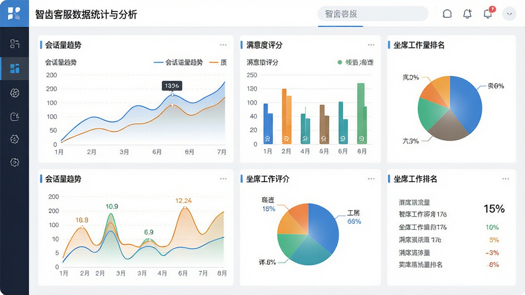 一张展示智齿客服数据统计与分析功能的仪表盘界面图,画面主体为智齿客服数据看板,包含折线图、柱状图、饼图等多种可视化图表,展示会话量趋势、满意度评分和坐席工作量排名,布局为网格化仪表盘结构,排版规整,风格为现代数据可视化风格,细节包括图表配色协调、数值标注清晰、界面层次分明,画质高清,画面干净,无多余元素