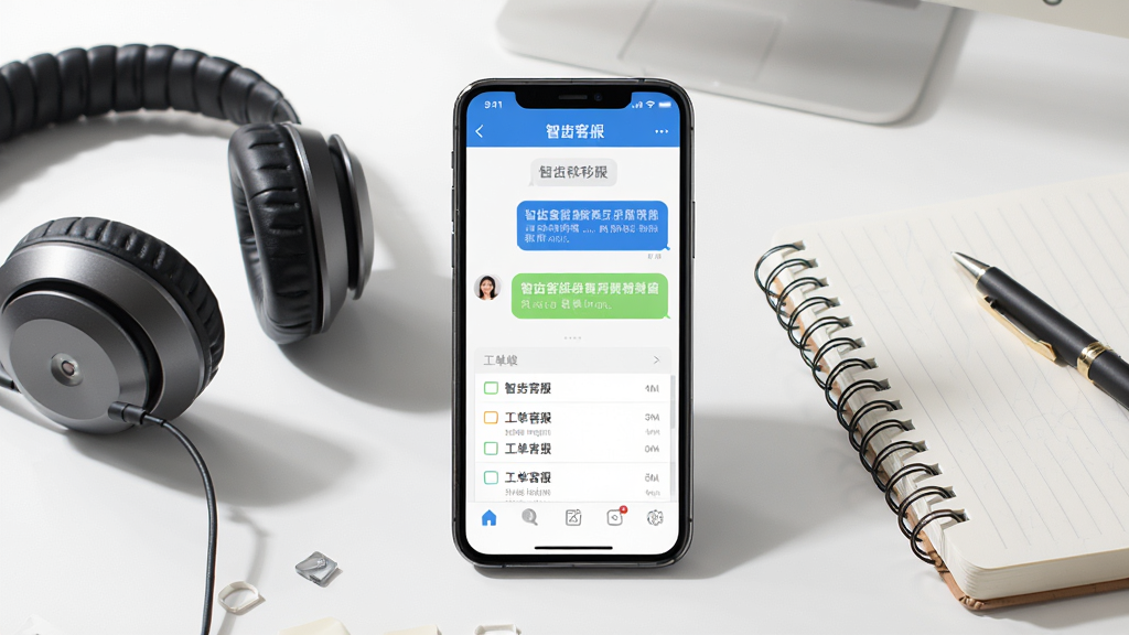 一张展示智齿客服移动端使用场景的示意图,画面主体为一部智能手机,屏幕上显示智齿客服移动端聊天界面和工单列表,手机旁边放置耳机和笔记本,布局为居中构图,排版简洁,风格为生活化办公场景风,细节包括手机界面清晰、光影自然、背景干净,画质高清,画面干净,无多余元素
