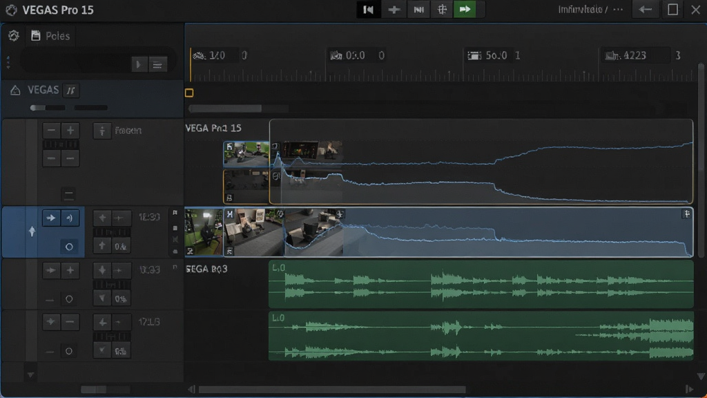 ����ΪVEGAS Pro 15���޹��������д�����ֲ��ÿ�������ͼ���Ű�����ʾ������Ƶ�������Ƶ�����ֱ�ѵ������Ϊרҵ��ɫ���⣬ϸ�ڰ�������ϵ�Ƭ������ͼ�����뵭�������ߡ����ͷ���ư�ť�����������������ɾ�������Ԫ��