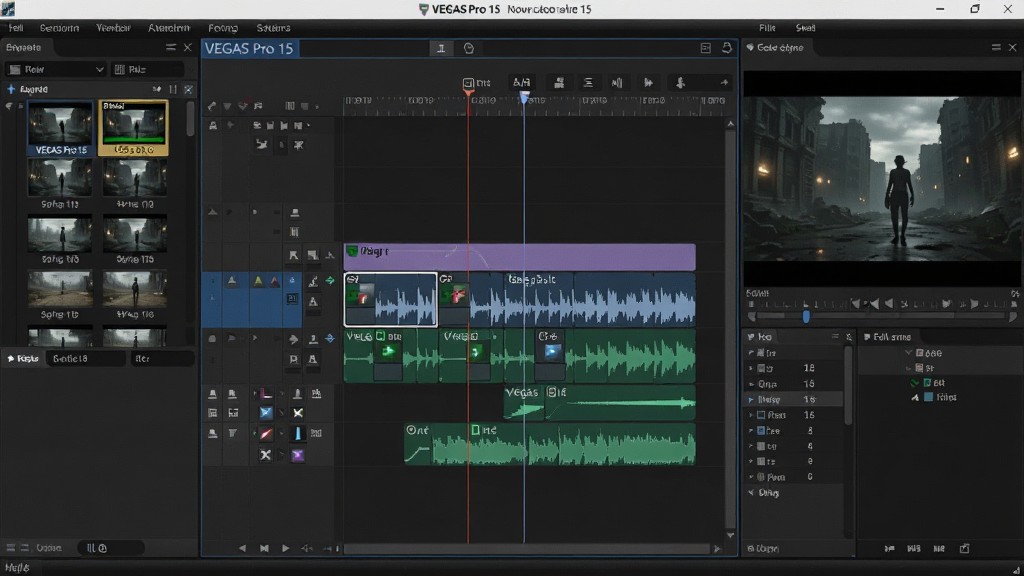 ����ΪVEGAS Pro 15��������ȫò�����ֲ��þ��д�ͼչʾ���Ű�����Ļ������ʾ����ʱ������壬���Ϊ�ز���Դ���������Ҳ�Ϊ��ƵԤ�����ڣ����Ϊ�ִ��Ƽ���UI��ƣ�ϸ�ڰ�����Ƶ����ϵĲ���ͼ���ؼ�֡��ǡ�ת����Чͼ�꣬����Ϊ������Ⱦ���ɾ����࣬�޶���Ԫ��