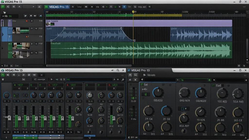 ����ΪVEGAS Pro 15��Ƶ�༭���棬���ֲ������·����ṹ���Ű����ϰ벿����ʾ��Ƶ�������Ƶ����ͬ�����룬�°벿����ʾ��������̨��Ч����������ڣ����Ϊרҵ¼���Ｖ�Ӿ���ϸ�ڰ�����Ƶ�����ϵĵ��뵭�������ߡ�Ч����������ť������ϸ�壬�ɾ�������