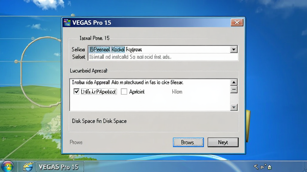 ����ΪVEGAS Pro 15��Windows�����ϵİ�װ�򵼽��棬���ֲ��þ��е���ʽ�Ű棬�Ű�����ʾ��װ·��ѡ���������Э�鹴ѡ����Ϊ����Windows��װ������棬ϸ�ڰ��������ť����һ����ť�����̿ռ���ʾ�������������ɾ��޶���Ԫ��