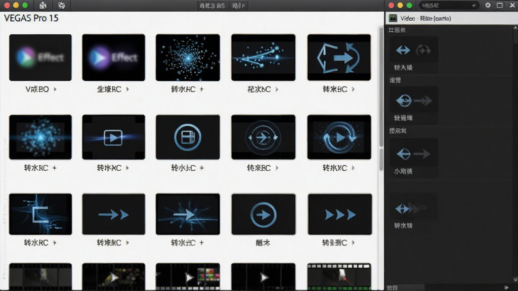 ����ΪVEGAS Pro 15��Ч����ת����壬���ֲ�����������ͼ���У��Ű�����ʾ������Ƶ��ЧԤ��ͼ����ת������ʾ�⣬���Ϊ�ִ���ƽ����ƣ�ϸ�ڰ���ģ����Чͼ�ꡢ������Чͼ�ꡢת����ͷʾ�⣬�����������ɾ�����