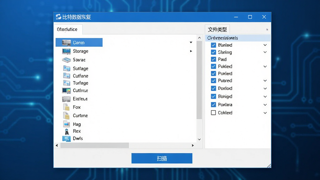 软件主界面全景展示,中央为比特数据恢复软件窗口,左侧显示存储设备列表,右侧为文件类型勾选区域,底部有扫描按钮,整体布局清晰,风格为现代简约科技风,蓝色与白色为主色调,界面干净整洁,画质高清,无多余元素