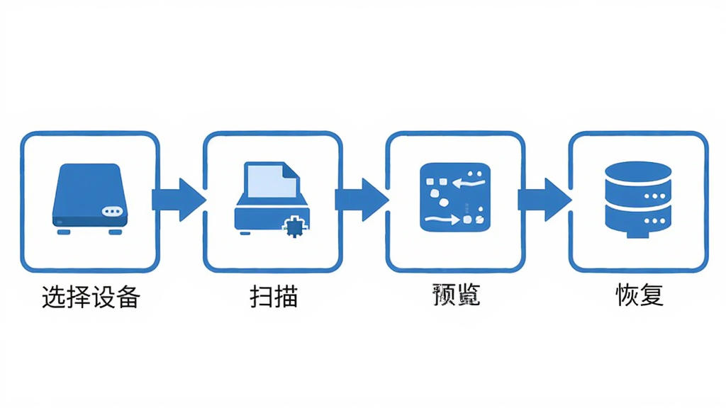 比特数据恢复软件操作流程图,从左到右依次为选择设备、扫描、预览、恢复四个步骤,每个步骤配有小图标和简短文字说明,风格为扁平化信息图,蓝白配色,布局清晰,画质干净