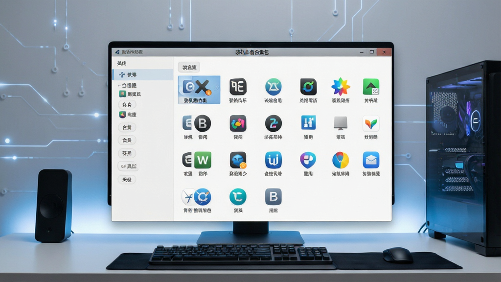 一张展示电脑桌面整洁有序的图片,画面中央是“装机必备合集包”软件界面,界面中排列着各类常用软件的图标,背景是简约的科技风格桌面,主体突出软件合集包的整体全貌,布局清晰,排版整齐,风格为现代简约科技风,细节包含软件图标和分类标签,画质高清,干净,无多余元素