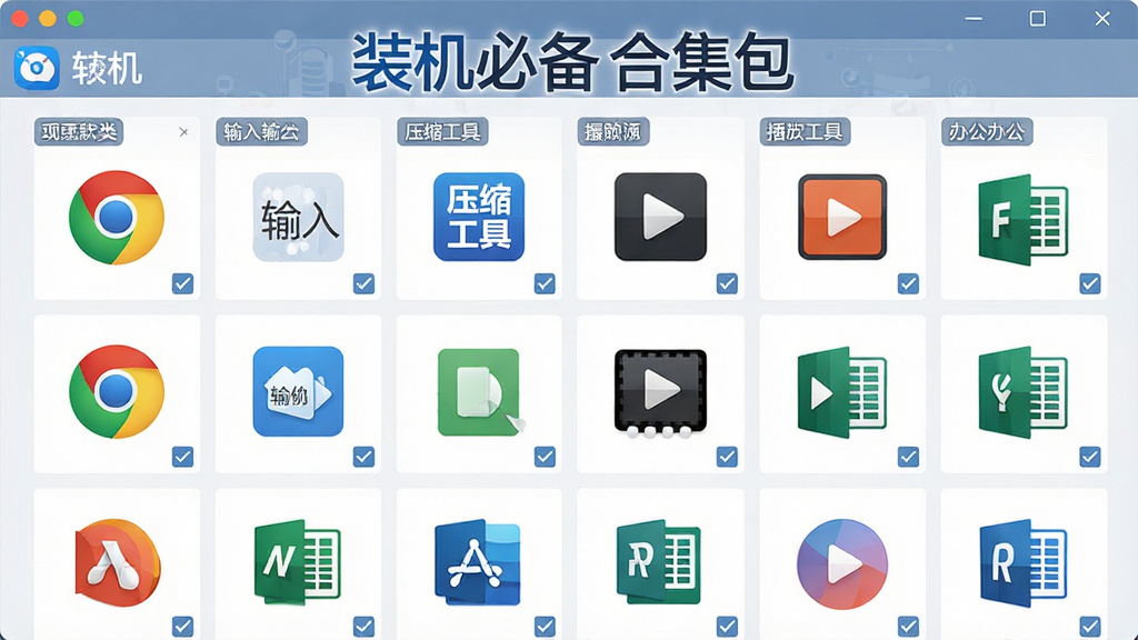 一张以“装机必备合集包”为核心的软件聚合展示图,画面主体是合集包界面,界面中整齐排列着浏览器、输入法、压缩工具、播放器、办公软件等常用软件的图标,布局采用网格状排列,排版清晰有序,风格为扁平化科技风,细节包含软件分类标签和勾选框,画质高清,干净,无多余元素