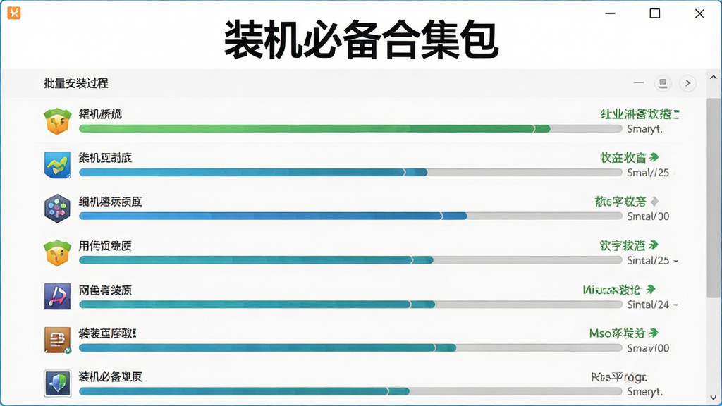 一张展示“装机必备合集包”批量安装过程的图片,画面主体是安装进度界面,界面中显示多个软件正在同时安装,进度条清晰可见,布局简洁明了,排版采用列表形式,风格为现代软件界面风格,细节包含软件名称和安装状态标识,画质高清,干净,无多余元素