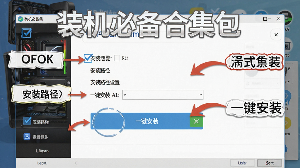 一张展示“装机必备合集包”新手操作界面的图片,画面主体是软件主界面,界面中标注了勾选框、安装路径设置、一键安装按钮等关键操作区域,布局清晰,排版采用引导式标注,风格为教程说明风,细节包含箭头指示和文字标注,画质高清,干净,无多余元素