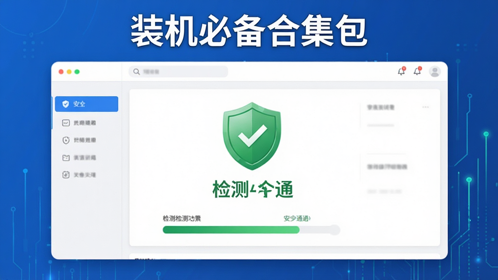 一张展示“装机必备合集包”安全检测功能的图片,画面主体是安全扫描界面,界面中显示绿色安全标识和检测通过字样,布局简洁,排版居中,风格为安全防护主题风格,细节包含盾牌图标和检测进度条,画质高清,干净,无多余元素