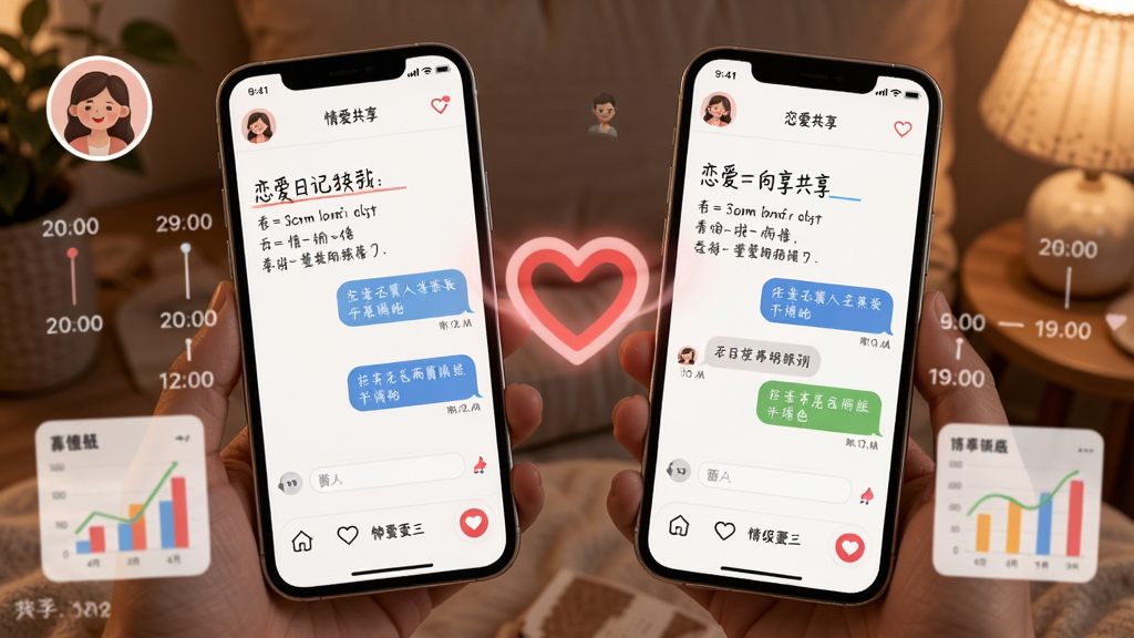 恋爱日记情侣共享界面,画面展示两部手机通过爱心信号连接,屏幕内显示相同的日记页面与聊天气泡,周围环绕时间轴与统计图表,风格现代温馨,细节包含双人头像与互动点赞图标,画质清晰干净,无多余元素