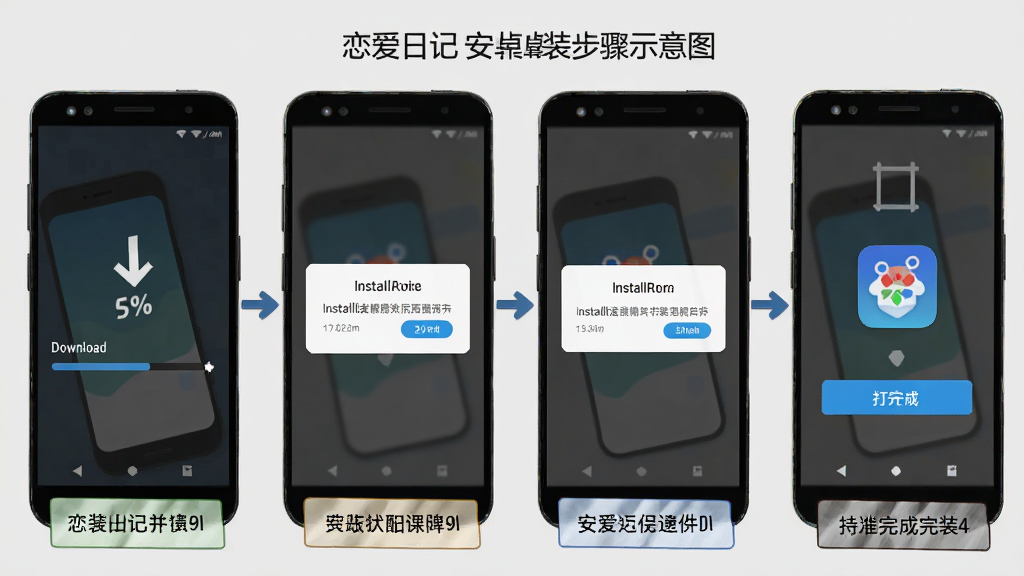 恋爱日记安卓版安装步骤示意图,画面展示手机屏幕从下载到安装完成的四个步骤,包含下载进度条、安装权限弹窗、应用图标与打开按钮,背景为浅灰色,风格简洁直观,细节包含箭头指引与文字说明框,画质清晰干净,无多余元素