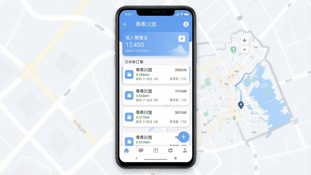 一张展示乖乖川流软件主界面的手机应用截图,主体为居中放置的安卓手机,屏幕显示乖乖川流APP的订单列表与地图导航界面,布局采用三分法构图,上方为状态栏与收入概览卡片,中部为滚动订单列表,下方为底部导航栏,风格为现代扁平化UI设计,细节包括清晰的图标、柔和的蓝白配色、圆角卡片与阴影层次,画质高清,干净,无多余元素