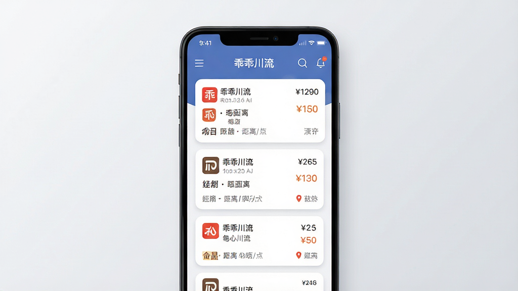 一幅展示乖乖川流多平台订单聚合功能的AI生图,画面中央为一部安卓手机,屏幕内显示“乖乖川流”应用界面,界面中并列排布多个订单卡片,每个卡片带有平台标识、距离、价格与目的地信息,背景为简洁的浅灰色渐变,风格为科技感扁平插画,细节包括清晰的数字、柔和的阴影与圆角设计,画质高清,干净,无多余元素