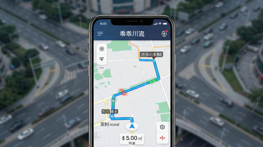 一幅展示乖乖川流智能路线规划功能的生图,画面主体为手机屏幕显示地图导航界面,地图上标注起点与终点,路线以高亮蓝色线条呈现,沿途有实时路况颜色标识,屏幕上方显示“乖乖川流”字样,布局为居中手机展示,背景为模糊的城市道路俯瞰图,风格为写实科技风,细节包括清晰的路线标记、时间预估与距离数值,画质高清,干净,无多余元素