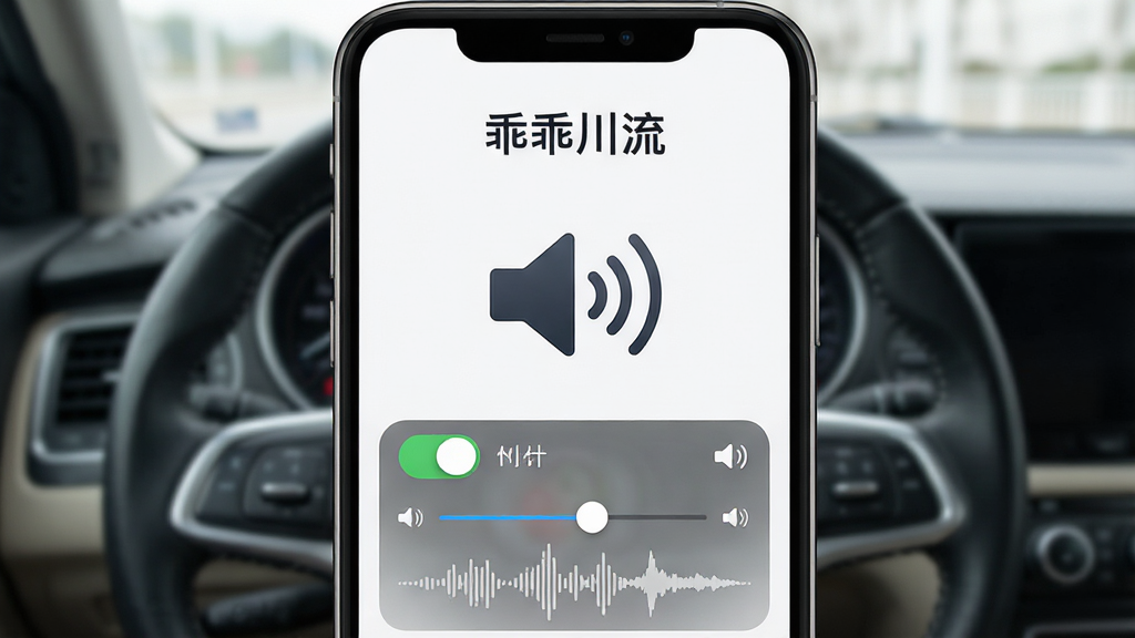 一幅展示乖乖川流语音播报提醒功能的生图,画面主体为手机屏幕显示语音播报设置界面,屏幕中有一个醒目的扬声器图标与声波纹理,屏幕上方显示“乖乖川流”字样,布局为手机居中,背景为车内驾驶舱的模糊视角,风格为写实科技风,细节包括清晰的开关按钮、音量滑块与语音波形,画质高清,干净,无多余元素