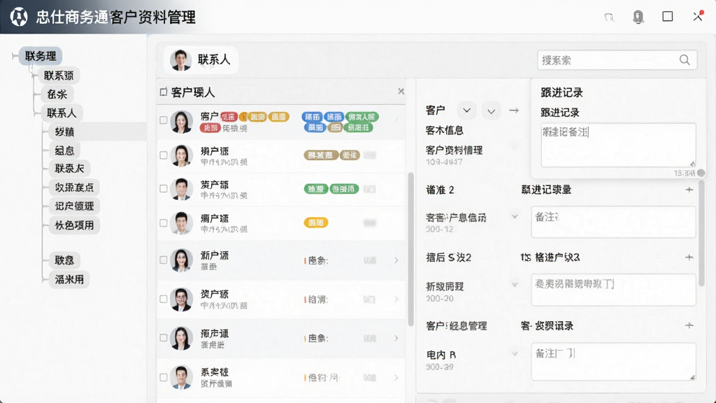一张忠仕商务通客户资料管理界面的图片,主体为联系人列表与客户详情面板,左侧为分类标签树,右侧显示客户基本信息与跟进记录,布局为左右分栏,风格为清爽浅色商务风,细节包含标签色块、搜索框、备注输入区,画质干净清晰,无多余元素
