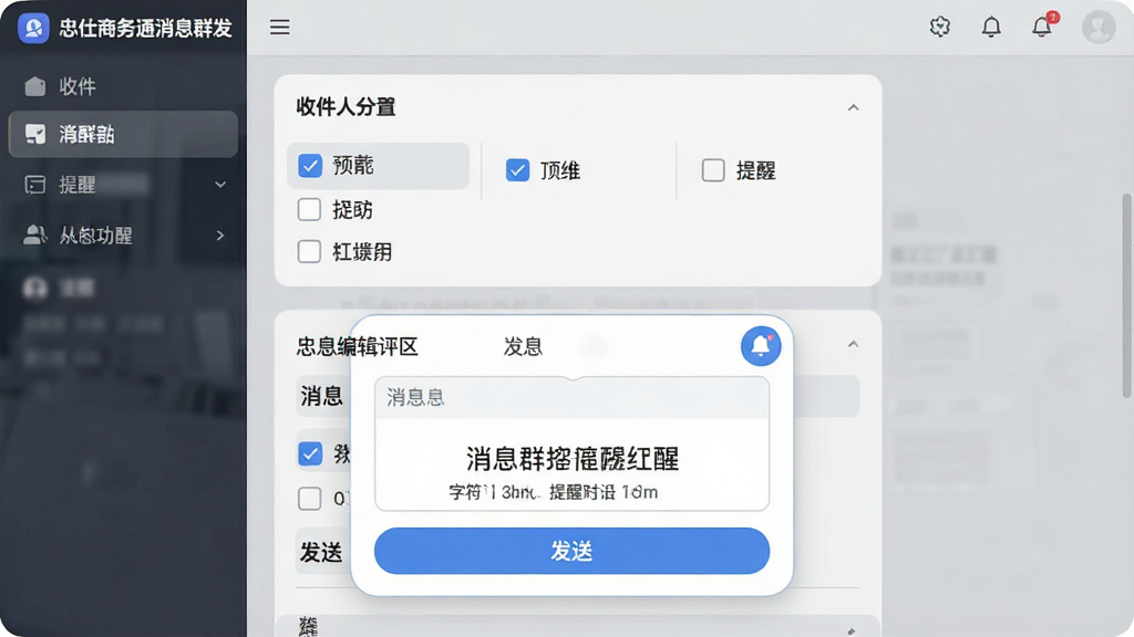 一张展示忠仕商务通消息群发与提醒功能的图片,主体为群发设置面板与弹窗通知,布局为上下结构,上方为收件人分组选择区,下方为消息编辑框与发送按钮,风格为柔和圆角商务风,细节包含分组勾选框、字符计数、提醒铃铛图标,画质干净清晰,无多余元素