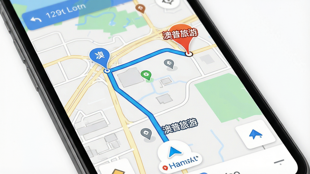 画面展示手机屏幕中的地图导航界面,地图上标注“澳普旅游”行程路线,起点与终点用醒目标记显示,路线线条清晰,布局为手机特写居中,风格为简洁UI展示风,细节包含道路、地标、时间提示与导航箭头,画质高清,画面干净,无多余元素