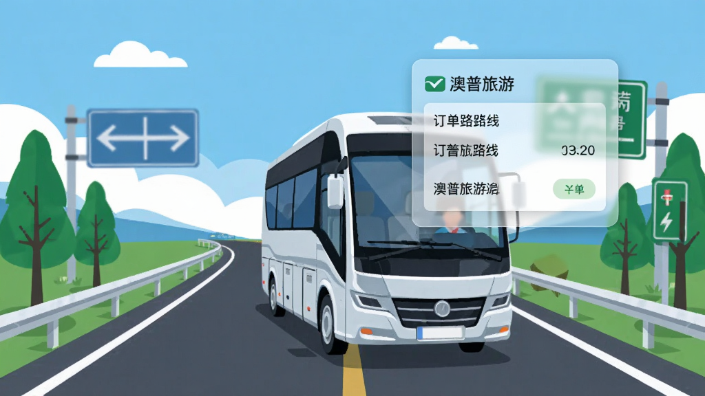 画面主体为一辆旅游商务车行驶在景区公路上,车前方浮现半透明的订单信息面板,面板上写有“澳普旅游”和订单路线信息,布局采用道路透视构图,风格为现代扁平插画风,细节包含蓝天、绿树、路标与订单卡片,画质清晰,画面干净,无多余元素