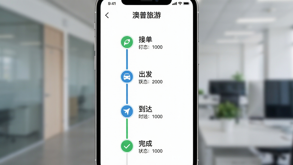 画面中央为手机界面,显示“澳普旅游”订单状态时间轴,包含接单、出发、到达、完成等节点,布局采用纵向时间线排版,风格为清爽商务风,细节包含状态图标、时间文字与进度连线,画质清晰,画面干净,无多余元素