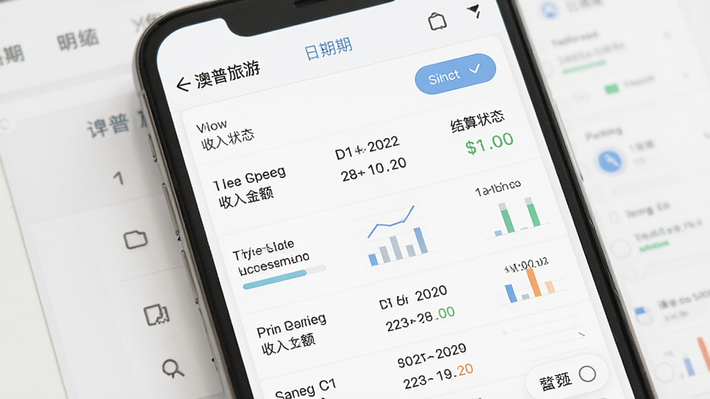 画面主体为手机屏幕显示“澳普旅游”收入明细列表,包含订单金额、日期与结算状态,布局为列表式排版,风格为简约数据风,细节包含数字、图表与筛选按钮,画质清晰,画面干净,无多余元素