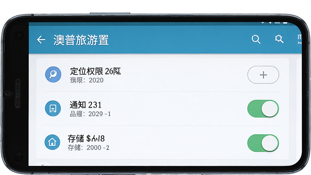 画面展示一部安卓手机屏幕显示“澳普旅游”司机端设置页面,页面中包含定位权限、通知权限与存储权限开关,布局为手机正面特写,风格为简洁教程风,细节包含权限图标、开关按钮与文字说明,画质高清,画面干净,无多余元素
