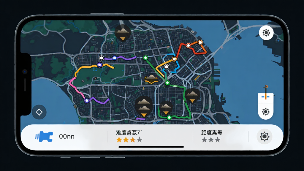 手机屏幕显示飞包应用中的地图界面,主体为一张城市地图,地图上标注了多个彩色路线点和土坡图标,布局为全屏地图加底部信息卡片,排版简洁,风格为运动科技风,细节包括路线轨迹线、难度星级和距离标注,画质高清,干净,无多余元素