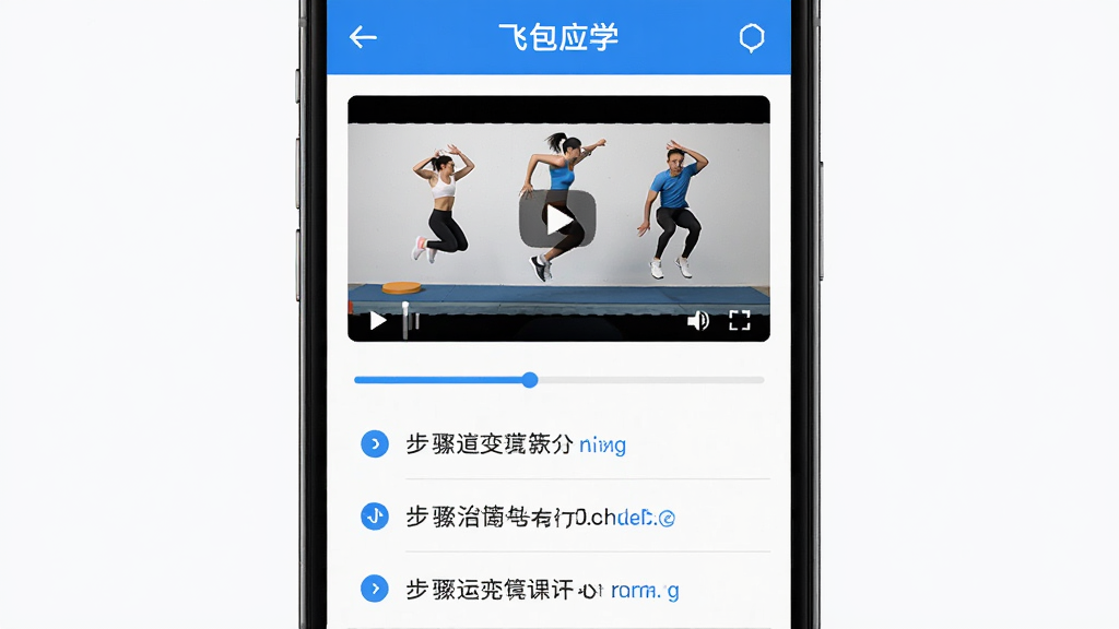 手机屏幕展示飞包应用的教学页面,主体为视频播放器窗口和下方步骤列表,布局为上下结构,排版整齐,风格为运动教学风,细节包括跳跃动作分解图、进度条和文字说明,画质高清,干净,无多余元素
