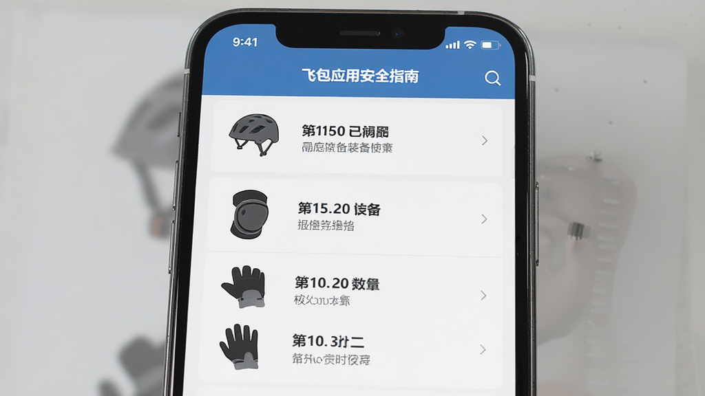 手机屏幕展示飞包应用的安全指南页面,主体为图文混排的装备清单,布局为列表加图标,排版规整,风格为实用工具风,细节包括头盔、护膝、手套等装备图标和文字说明,画质高清,干净,无多余元素