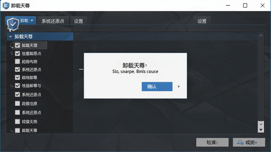 软件名称“卸载天尊”批量卸载与系统还原点设置界面,多选列表与确认弹窗,简洁商务风格,画质清晰,干净无多余元素