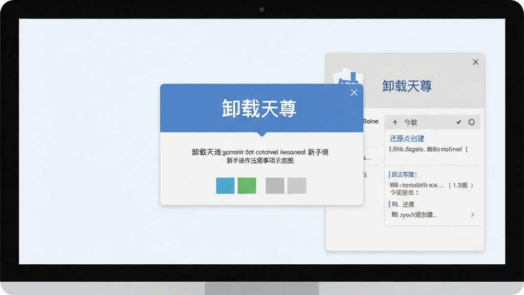 软件名称“卸载天尊”新手操作注意事项示意图,电脑屏幕展示卸载确认弹窗与还原点创建选项,扁平化风格,画质清晰,干净无多余元素