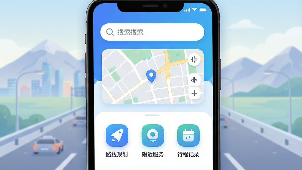 һ��չʾ�����ֻ���Ļ��ͼƬ����Ļ������ʾ����APP�������棬����������׽�����ɫ���Ϸ���������͵�ͼ����ͼ���·�������·�߹滮�����������г̼�¼�ȹ���ͼ�꣬�����ǳ��е�·��Զɽ����Ͳ廭������岼�ּ������������ִ��Ƽ��У�ϸ����ͼ��Բ���������������ʸ��壬�ɾ����޶���Ԫ��