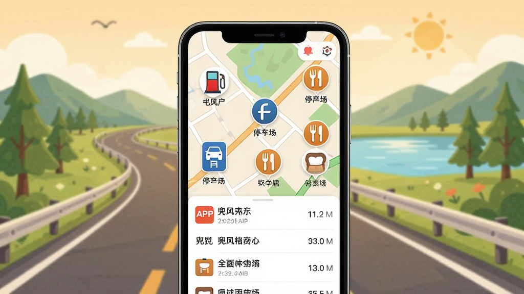 һ��չʾ����APP��;�����Ƽ������ͼƬ���ֻ���Ļ����ʾ��ͼ�Ϸֲ��ż���վ��ͣ������������ͼ�꣬�·��б�չʾ������������룬�����ǹ�·����Ȼ�羰�Ĳ廭�������ů�Ѻã�ϸ����ͼ���ʶ�ȸߡ���Ϣ�������룬���ʸ��壬�ɾ����޶���Ԫ��