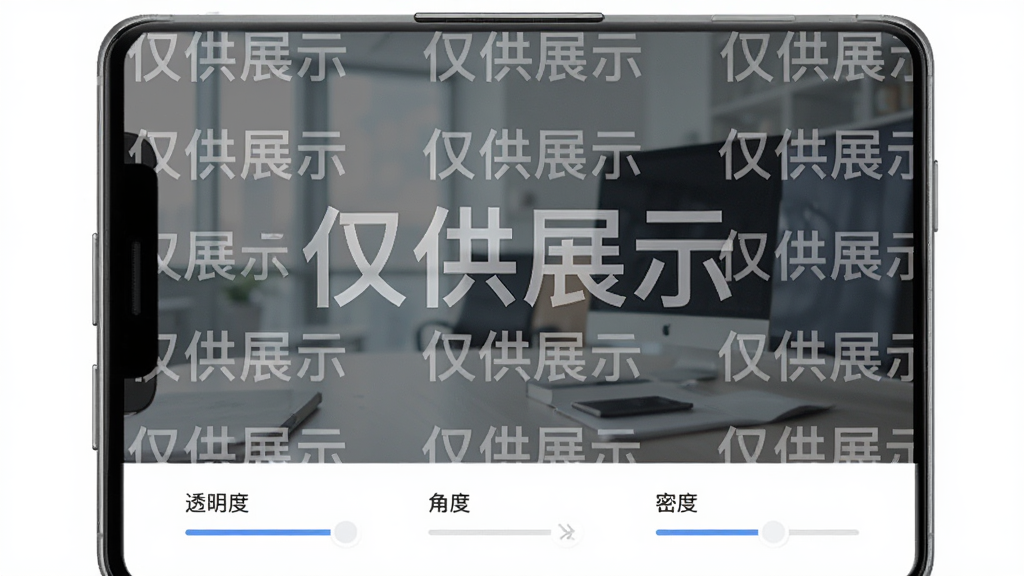 ��ͼ��ͼ��ˮӡ���ӽ��棬�ֻ���Ļ��ʾһ��ͼƬ��ͼƬ��ƽ���˰�͸������ˮӡ������չʾ�����ײ���ˮӡ����ѡ�����͸���ȡ��Ƕȡ��ܶȣ��������Լ���񣬲���������ϸ�ڷḻ�����ʸɾ����޶���Ԫ��