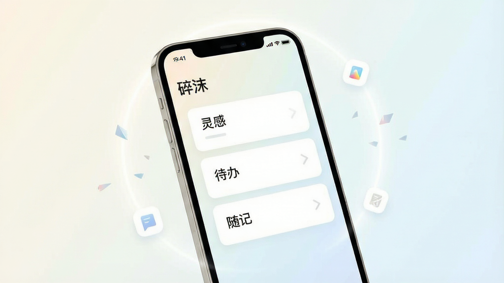 一张展示手机屏幕的图片,屏幕中央显示名为“碎沫”的APP界面,界面采用极简卡片式布局,卡片上写有“灵感”“待办”“随记”等小字,背景为浅色渐变,手机周围有轻柔的光晕和漂浮的细小碎片图标,整体风格清新干净,画质清晰明亮,无多余元素