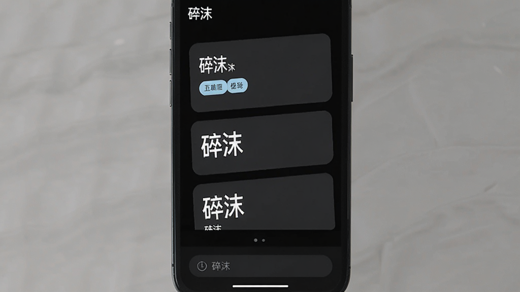 手机屏幕展示“碎沫”应用在深色模式下的界面,黑色背景上有多张深灰色卡片,卡片上有白色文字和淡蓝色标签,界面底部有输入框,整体风格沉稳安静,画质清晰,无多余装饰元素
