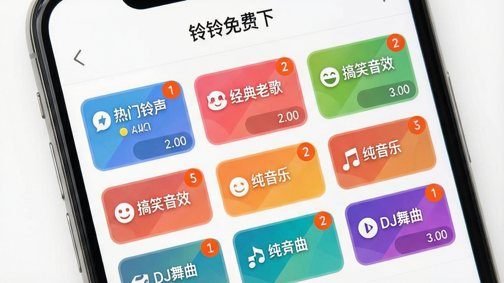 一张展示“铃声免费下”软件内铃声分类页面的图片,画面中手机屏幕显示多个彩色分类标签,如“热门铃声”“经典老歌”“搞笑音效”“纯音乐”“DJ舞曲”等,每个标签旁边有小图标和数量角标,页面布局整齐,背景为白色,风格清新简洁,细节丰富,画质干净,无多余元素