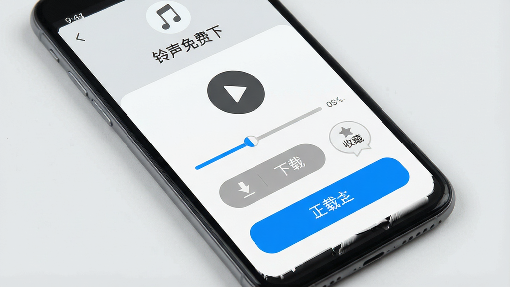 一张展示“铃声免费下”软件下载界面的图片,画面中手机屏幕显示一个铃声的详情页,页面上有播放按钮、进度条、下载按钮和收藏按钮,下载按钮呈高亮状态,背景为浅灰色,风格简约,细节清晰,画质干净,无多余元素
