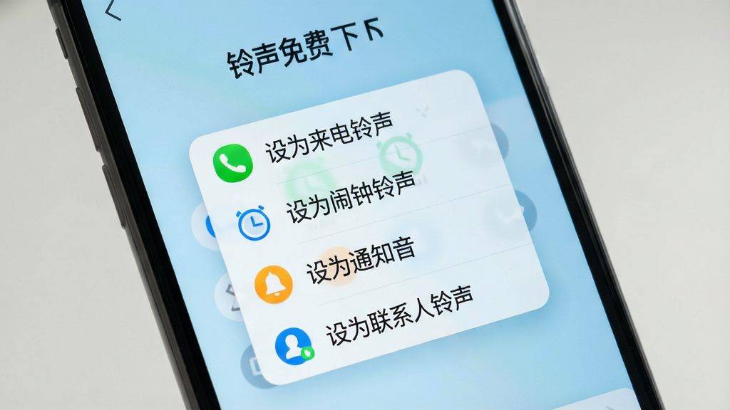 一张展示“铃声免费下”软件设置铃声功能的图片,画面中手机屏幕显示一个弹窗菜单,菜单中包含“设为来电铃声”“设为闹钟铃声”“设为通知音”“设为联系人铃声”等选项,每个选项旁边有对应图标,背景为淡蓝色,风格友好,细节清晰,画质干净,无多余元素