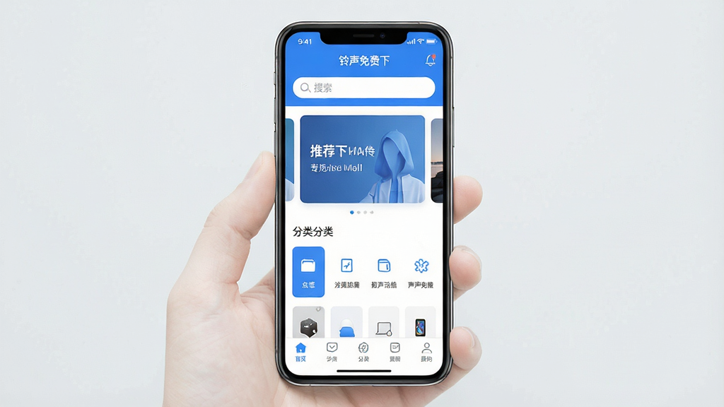 一张展示“铃声免费下”软件整体界面风格的图片,画面中手机屏幕显示软件首页,顶部有搜索栏,中部有轮播推荐位和分类入口,底部有导航栏,整体配色以蓝白为主,风格极简现代,细节干净,画质清晰,无多余元素