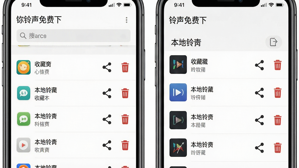 一张展示“铃声免费下”软件收藏夹与本地管理页面的图片,画面中手机屏幕显示收藏列表和本地铃声列表,每个条目右侧有播放、分享、删除图标,页面顶部有搜索框,背景为白色,风格清爽,细节丰富,画质干净,无多余元素