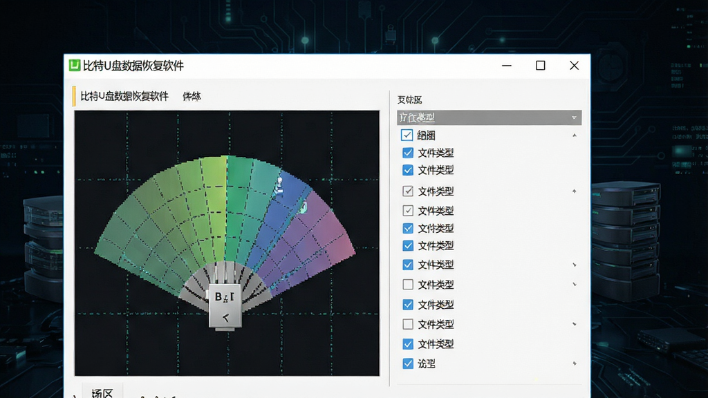 一张展示比特U盘数据恢复软件深度扫描功能的图片,画面主体为软件扫描进度界面特写,屏幕上显示“比特U盘数据恢复软件”标题,下方有扇区扫描网格动画和文件类型勾选列表,背景为深色科技感环境,风格为数字科技风,细节丰富,画质清晰,干净无多余元素