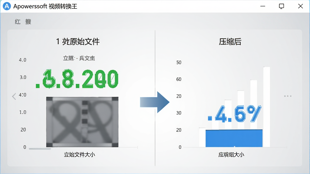 Apowersoft视频转换王软件中的视频压缩功能界面,主体是压缩前后文件大小的对比图表,布局为左右对比式,左侧显示原始文件大小,右侧显示压缩后大小,中间有箭头连接,排版清晰,风格为商务简约风,细节上数字使用醒目的绿色和蓝色标注,背景为浅灰色渐变,画质高清,干净,无多余元素