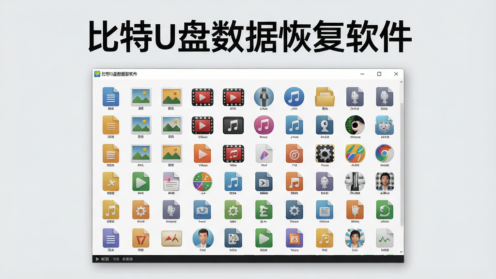 一张展示比特U盘数据恢复软件支持多种文件格式的图片,画面中央是软件界面中排列整齐的文件类型图标墙,包含文档、照片、视频、音乐等彩色图标,上方有“比特U盘数据恢复软件”文字标识,背景为浅灰色简洁风格,细节清晰,画质干净,无多余元素
